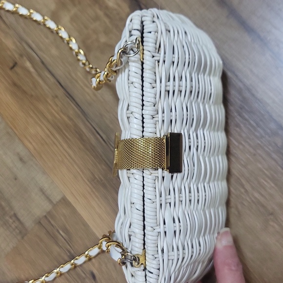 White Wicker Type Woven Clutch with White Woven Goldtone Crossbody Chain - Picture 7 of 16